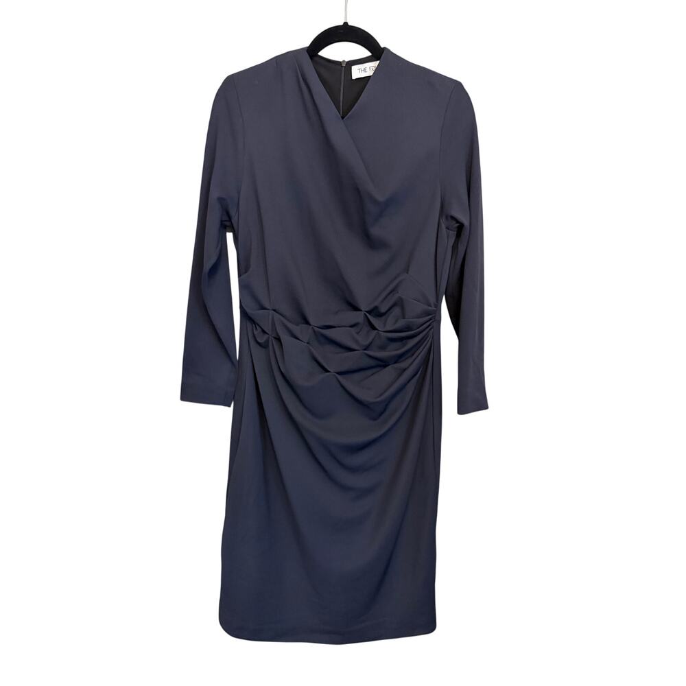 The Fold Sheath Dress 12 Blue Midi Ruched Office Business Career Professional